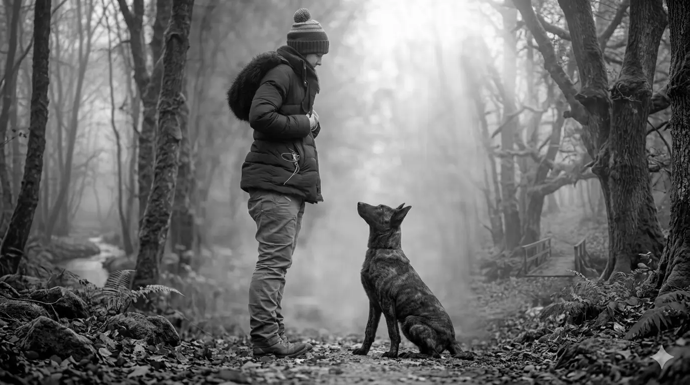 Christophe Preux et son chien en forêt à la lumière du matin